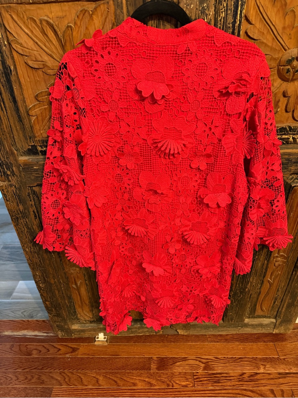 Red Floral Crochet Midi Dress - Women's Elegant Lace Overlay